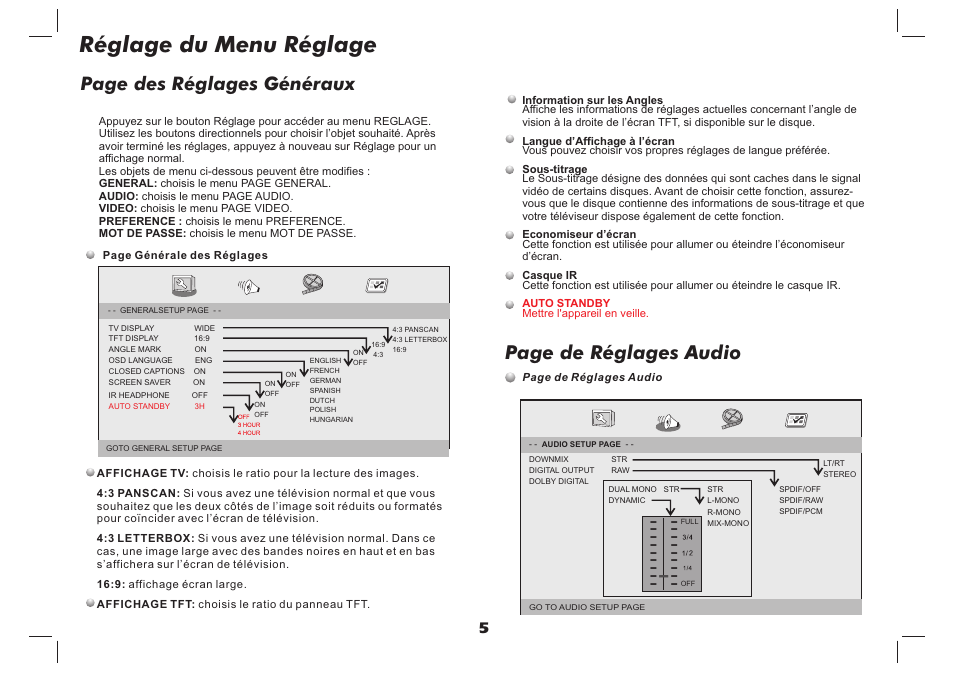 Réglage du menu réglage, Page de réglages audio, Page des réglages généraux | Lenco DVP-937 User Manual | Page 28 / 55