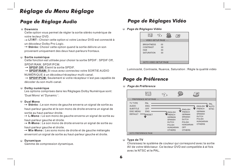 Réglage du menu réglage, Page de réglages vidéo, Page de réglage audio | Page de préférence | Lenco DVP-937 User Manual | Page 29 / 55