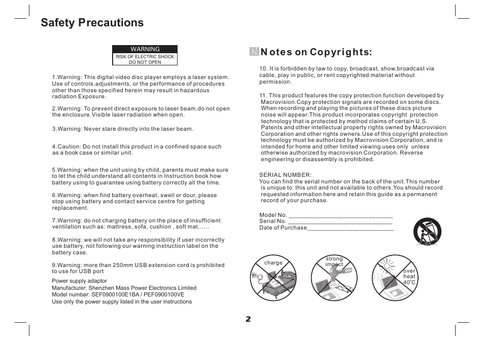 Safety precautions, N otes on copyrights | Lenco DVP-937 User Manual | Page 3 / 55