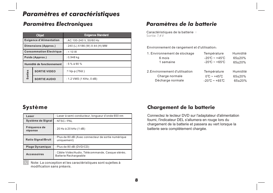 Paramètres et caractéristiques, Paramètres electroniques, Système | Paramètres de la batterie, Chargement de la batterie | Lenco DVP-937 User Manual | Page 31 / 55