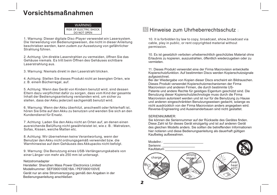 Vorsichtsmaßnahmen, Hinweise zum uhrheberrechtsschutz | Lenco DVP-937 User Manual | Page 36 / 55