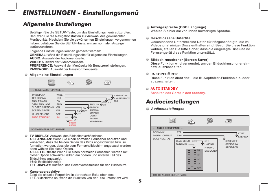 Einstellungen - einstellungsmenü, Audioeinstellungen, Allgemeine einstellungen | Lenco DVP-937 User Manual | Page 39 / 55
