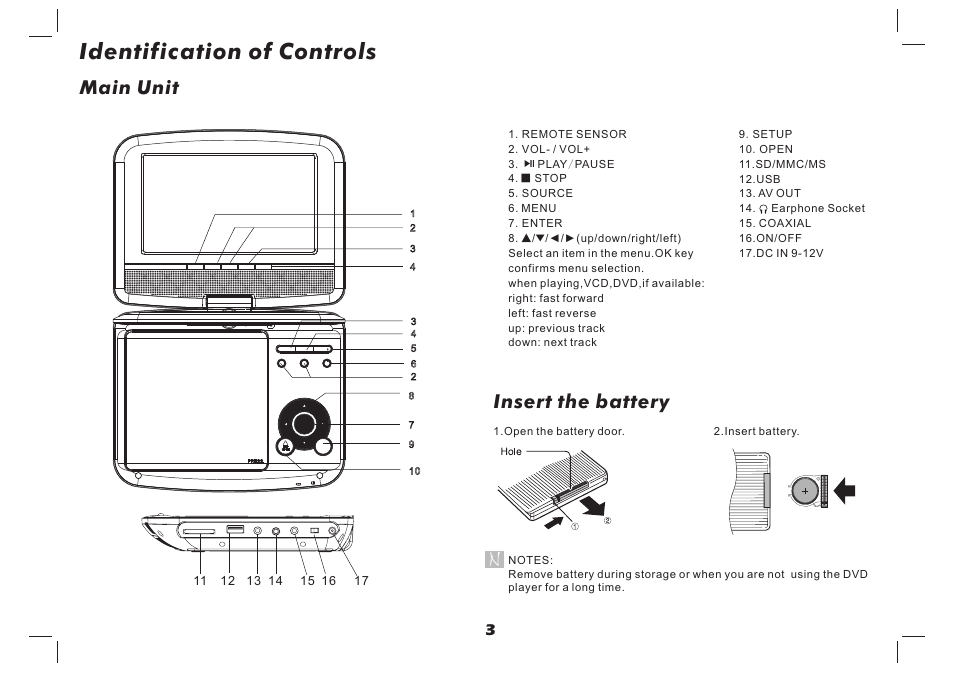 Identification of controls, Main unit, Insert the battery | Lenco DVP-937 User Manual | Page 4 / 55