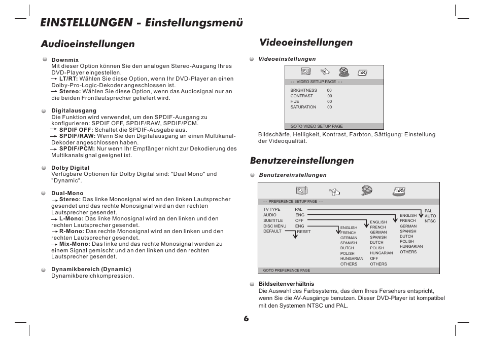 Einstellungen - einstellungsmenü, Videoeinstellungen, Audioeinstellungen | Benutzereinstellungen | Lenco DVP-937 User Manual | Page 40 / 55