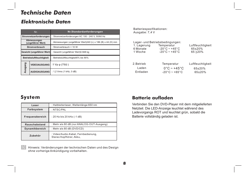 Technische daten, Elektronische daten, System | Batterie aufladen | Lenco DVP-937 User Manual | Page 42 / 55