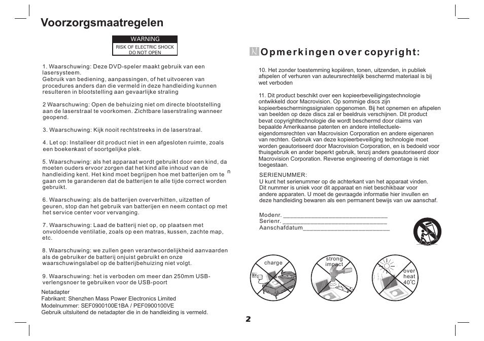 Voorzorgsmaatregelen, O pmerk ingen o ver copyright | Lenco DVP-937 User Manual | Page 47 / 55