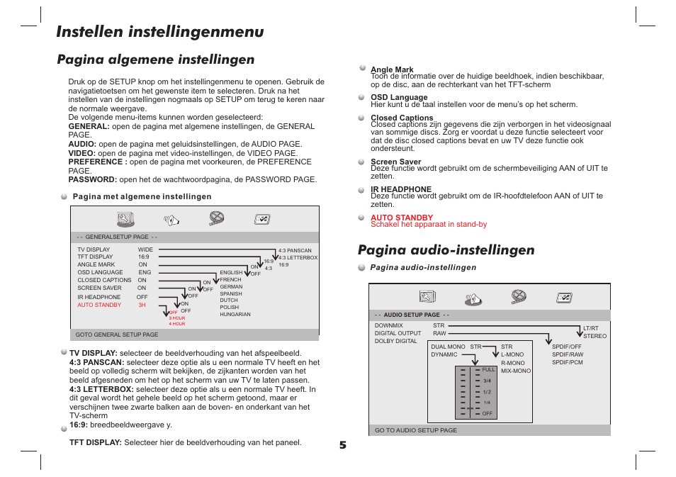 Instellen instellingenmenu, Pagina audio-instellingen, Pagina algemene instellingen | Lenco DVP-937 User Manual | Page 50 / 55