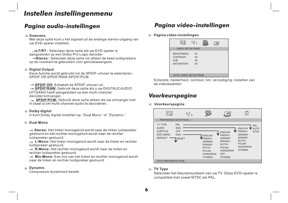 Instellen instellingenmenu, Pagina video-instellingen, Pagina audio-instellingen | Voorkeurspagina | Lenco DVP-937 User Manual | Page 51 / 55