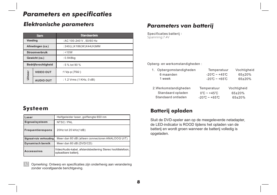 Parameters en specificaties, Elektronische parameters, Systeem | Parameters van batterij, Batterij opladen | Lenco DVP-937 User Manual | Page 53 / 55