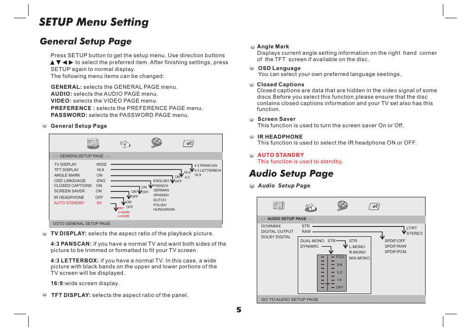 Setup menu setting, Audio setup page, General setup page | Lenco DVP-937 User Manual | Page 6 / 55