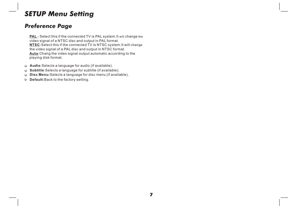 Setup menu setting, Preference page | Lenco DVP-937 User Manual | Page 8 / 55