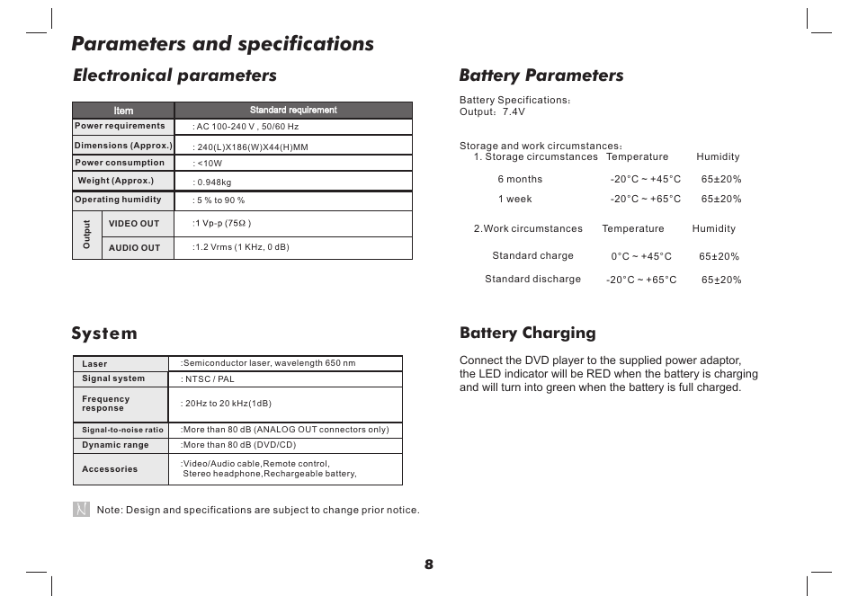 Parameters and specifications, Battery parameters, Electronical parameters | System, Battery charging | Lenco DVP-937 User Manual | Page 9 / 55