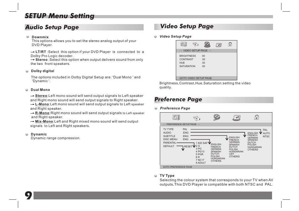 页 10, Setup menu setting, Video setup page | Audio setup page, Preference page | Lenco DVP-938 X2 User Manual | Page 10 / 78