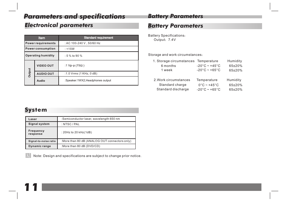 页 12, Parameters and specifications, Electronical parameters system | Battery parameters | Lenco DVP-938 X2 User Manual | Page 12 / 78