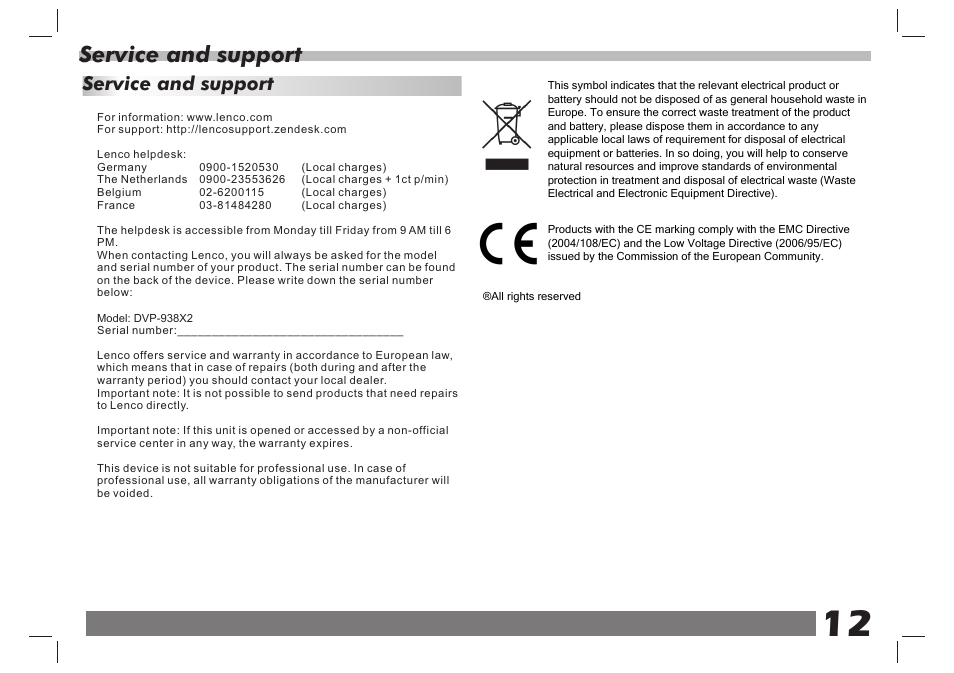 页 13, Service and support | Lenco DVP-938 X2 User Manual | Page 13 / 78