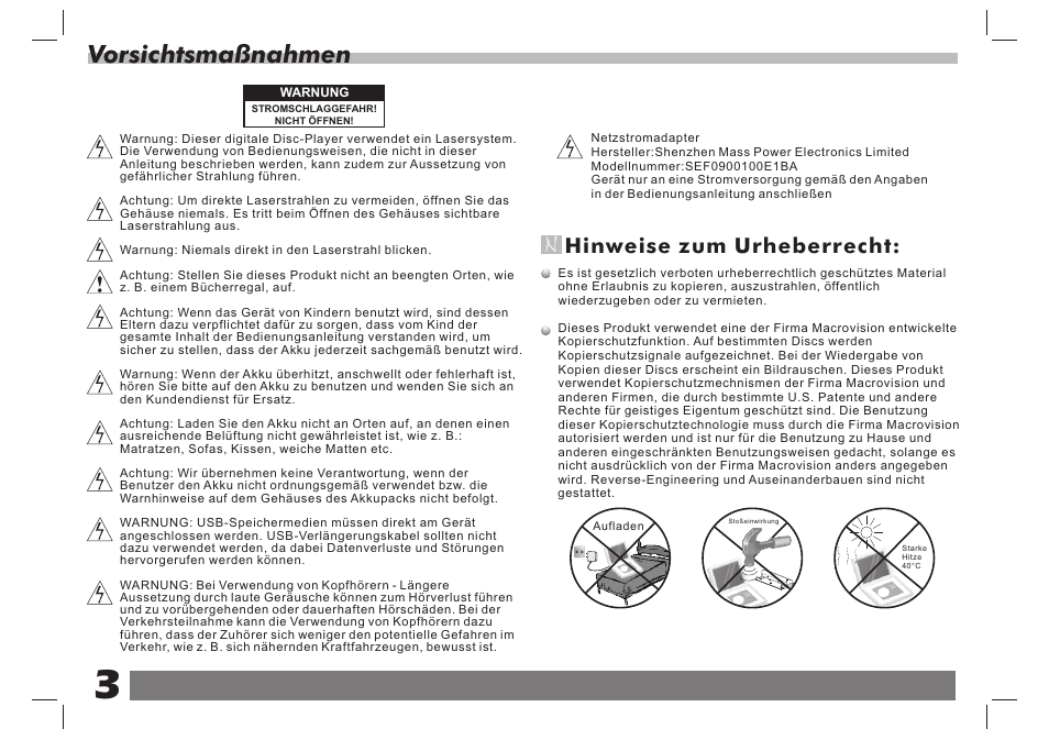 Vorsichtsmaßnahmen, Hinweise zum urheberrecht | Lenco DVP-938 X2 User Manual | Page 17 / 78