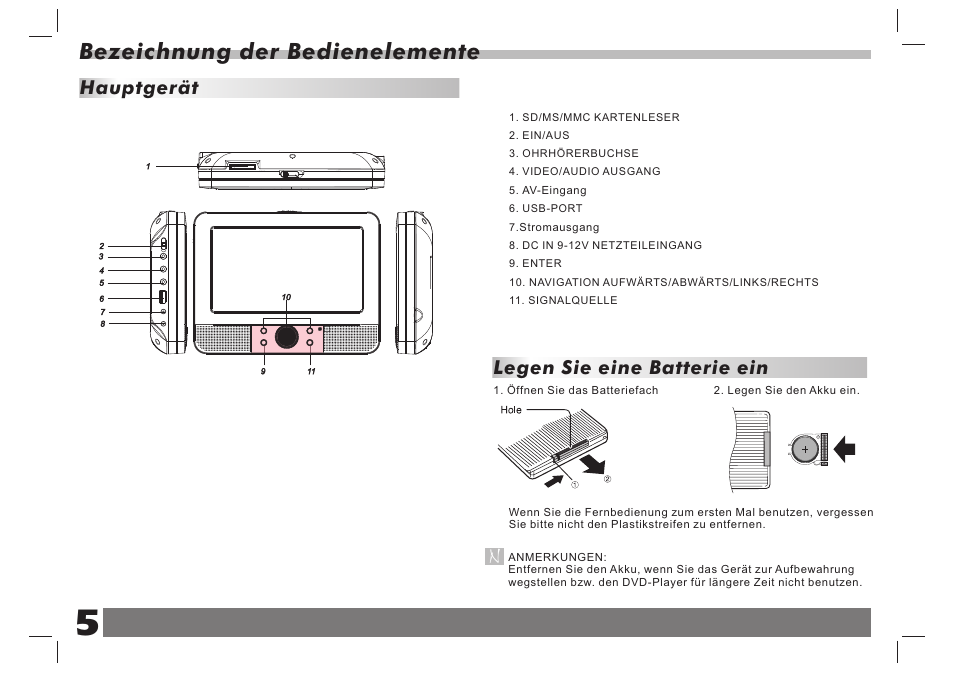 Bezeichnung der bedienelemente, Hauptgerät, Legen sie eine batterie ein | Lenco DVP-938 X2 User Manual | Page 19 / 78