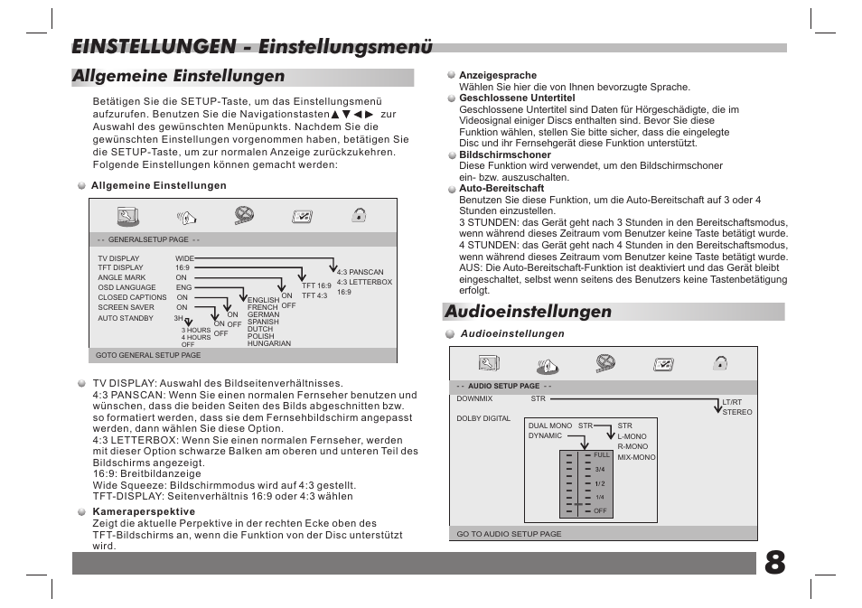 Einstellungen - einstellungsmenü, Audioeinstellungen, Allgemeine einstellungen | Lenco DVP-938 X2 User Manual | Page 22 / 78
