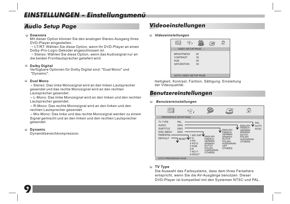 页 10, Einstellungen - einstellungsmenü, Videoeinstellungen | Audio setup page, Benutzereinstellungen | Lenco DVP-938 X2 User Manual | Page 23 / 78