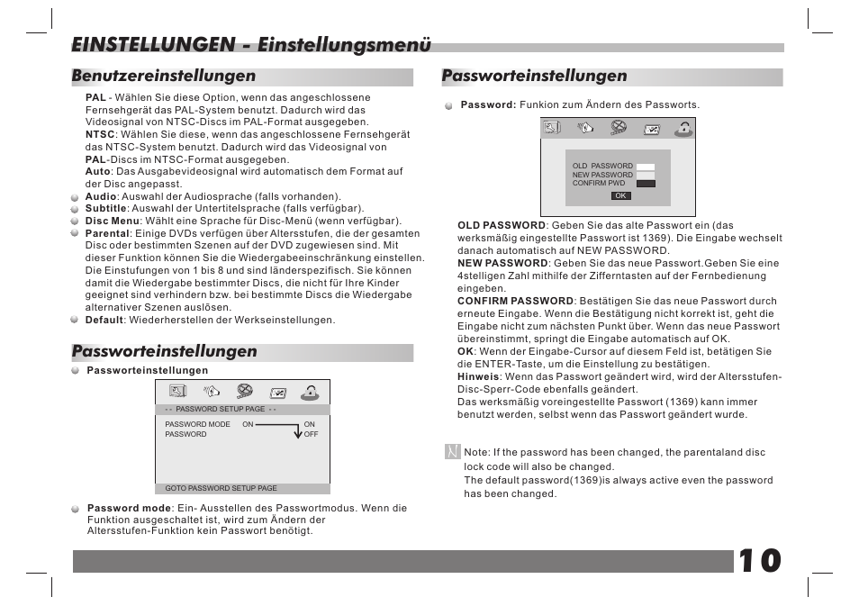 页 11, Einstellungen - einstellungsmenü, Passworteinstellungen | Benutzereinstellungen passworteinstellungen | Lenco DVP-938 X2 User Manual | Page 24 / 78