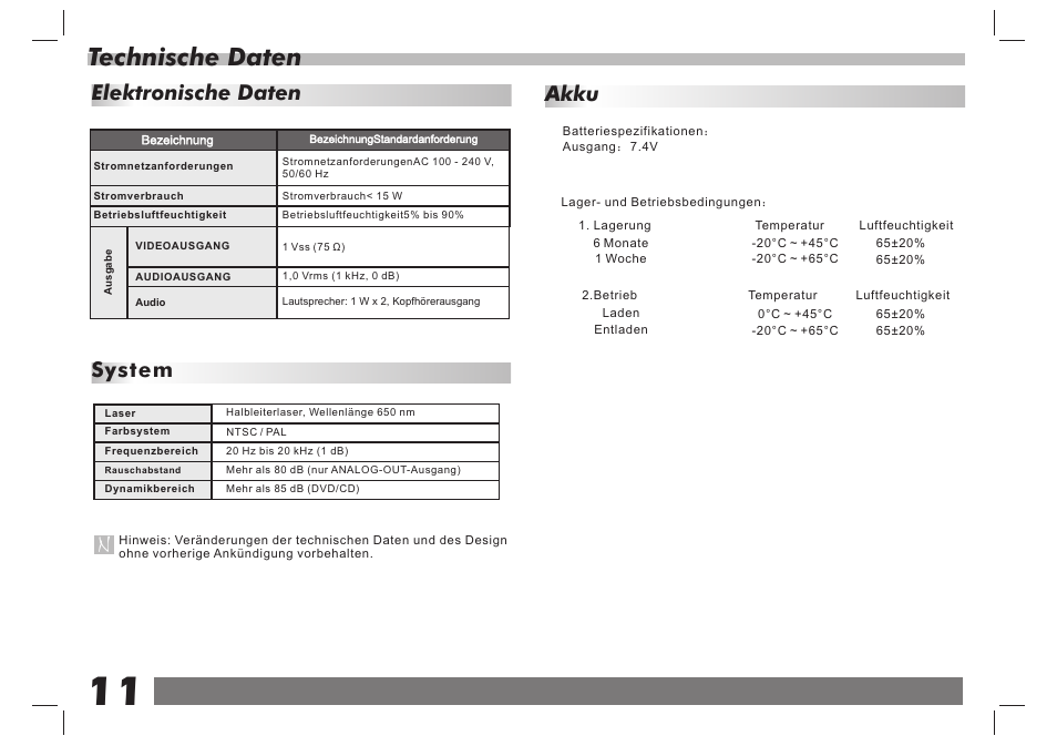 页 12, Technische daten, Elektronische daten system | Akku | Lenco DVP-938 X2 User Manual | Page 25 / 78