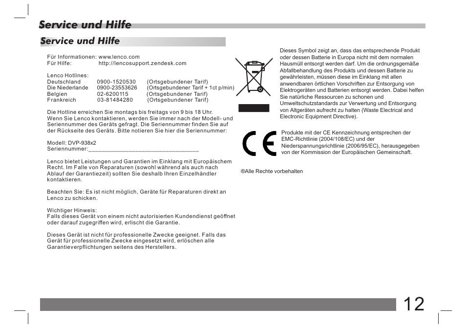 页 13, Service und hilfe | Lenco DVP-938 X2 User Manual | Page 26 / 78