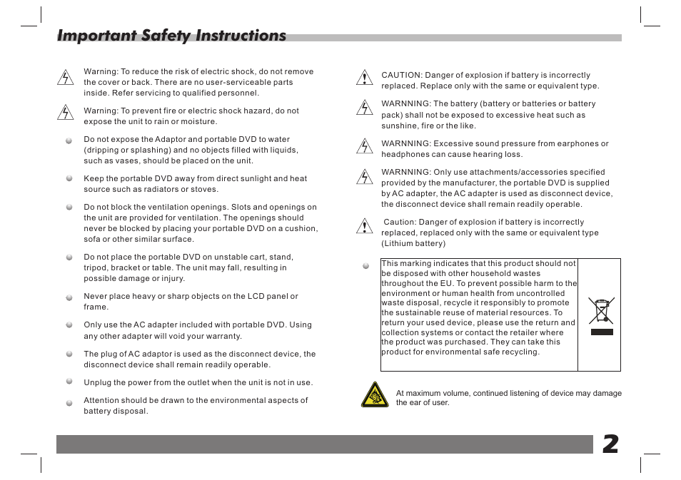 Important safety instructions | Lenco DVP-938 X2 User Manual | Page 3 / 78