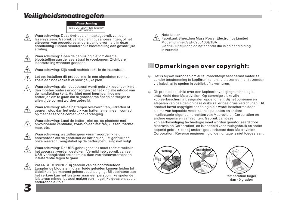 Veiligheidsmaatregelen, Opmerkingen over copyright | Lenco DVP-938 X2 User Manual | Page 30 / 78