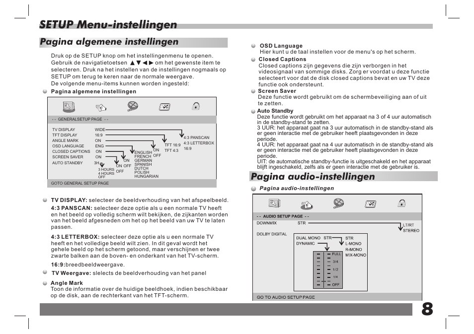 Setup menu-instellingen, Pagina audio-instellingen, Pagina algemene instellingen | Lenco DVP-938 X2 User Manual | Page 35 / 78