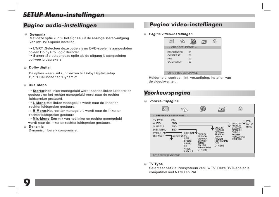 页 10, Setup menu-instellingen, Pagina video-instellingen | Pagina audio-instellingen, Voorkeurspagina | Lenco DVP-938 X2 User Manual | Page 36 / 78