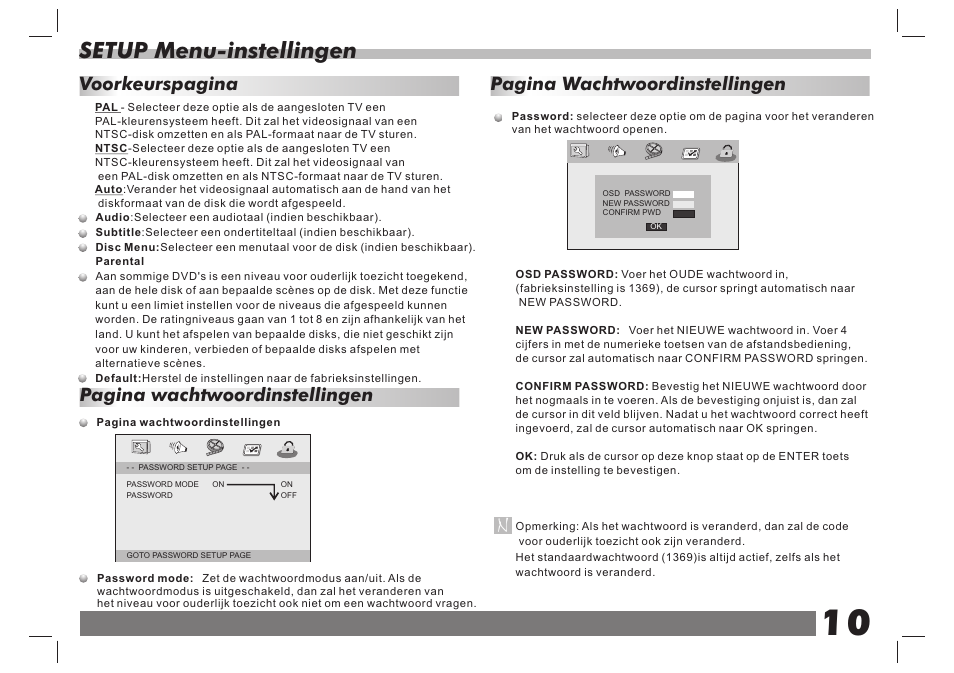 页 11, Setup menu-instellingen, Pagina wachtwoordinstellingen | Voorkeurspagina | Lenco DVP-938 X2 User Manual | Page 37 / 78