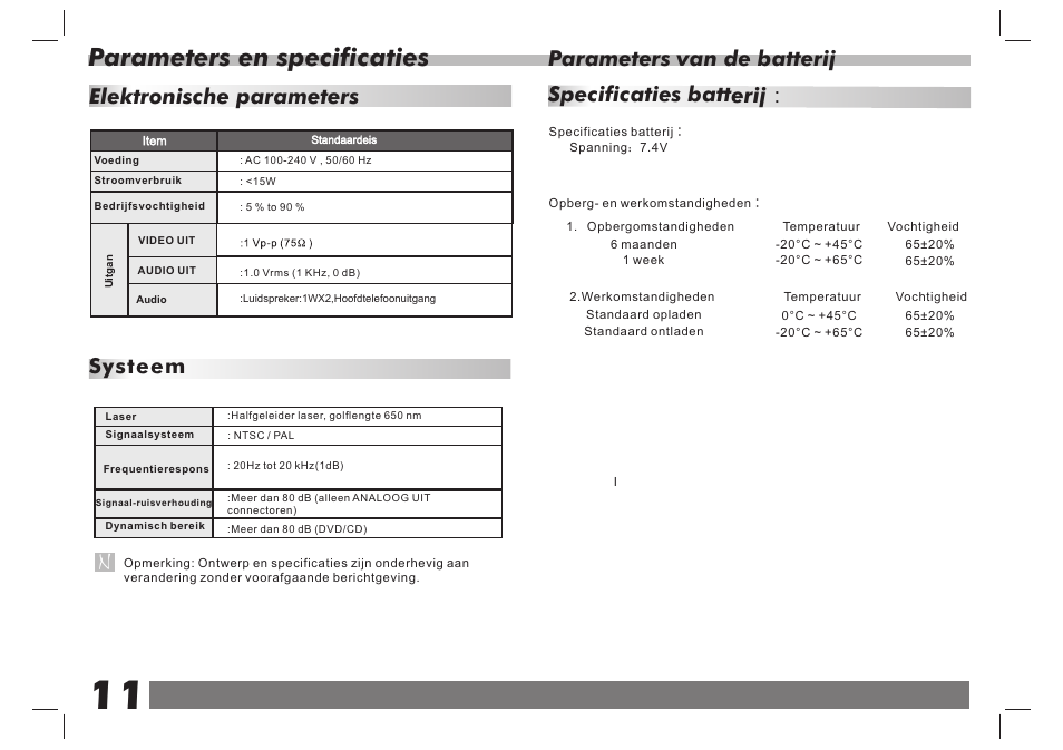页 12, Parameters en specificaties, Elektronische parameters systeem | Parameters van de batterij, Specificaties batterij | Lenco DVP-938 X2 User Manual | Page 38 / 78