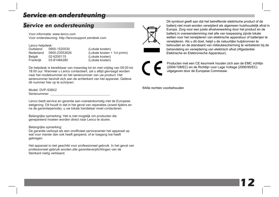 页 13, Service en ondersteuning | Lenco DVP-938 X2 User Manual | Page 39 / 78