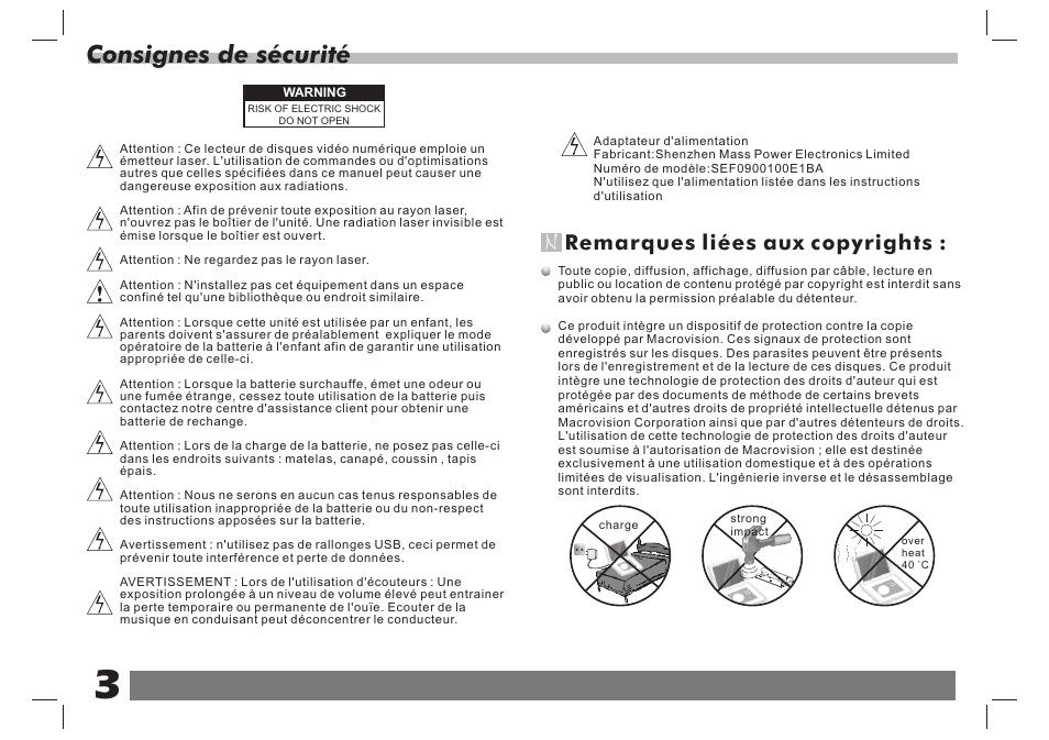 Consignes de sécurité, Remarques liées aux copyrights | Lenco DVP-938 X2 User Manual | Page 43 / 78