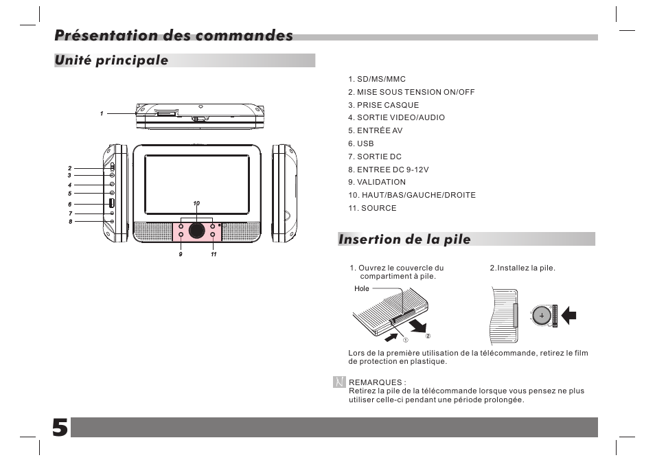 Présentation des commandes, Unité principale, Insertion de la pile | Lenco DVP-938 X2 User Manual | Page 45 / 78