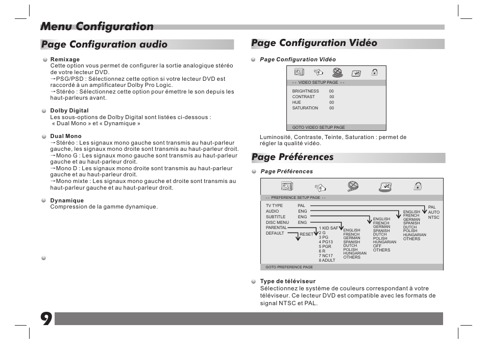 页 10, Menu configuration, Page configuration vidéo | Page configuration audio, Page préférences | Lenco DVP-938 X2 User Manual | Page 49 / 78