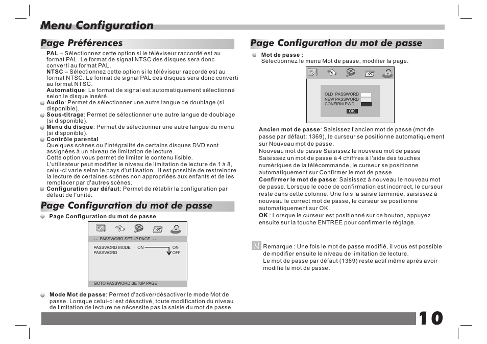 页 11, Menu configuration, Page configuration du mot de passe | Lenco DVP-938 X2 User Manual | Page 50 / 78