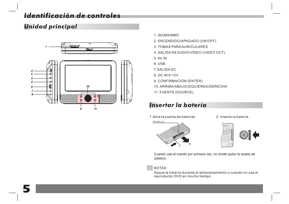 Identificación de controles, Unidad principal, Insertar la batería | Lenco DVP-938 X2 User Manual | Page 58 / 78