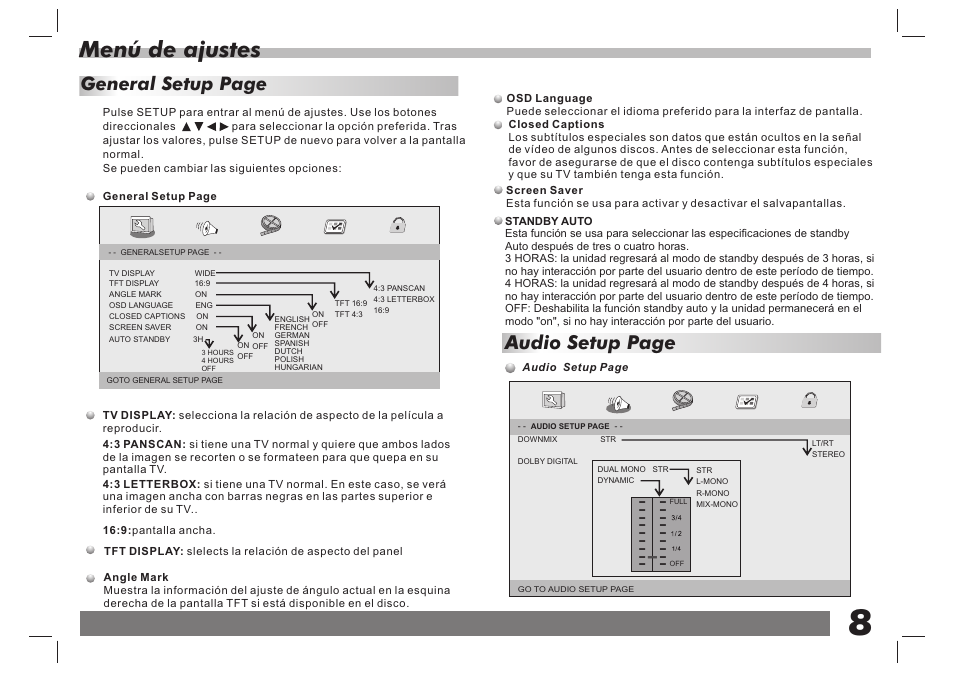 Menú de ajustes, Audio setup page, General setup page | Lenco DVP-938 X2 User Manual | Page 61 / 78