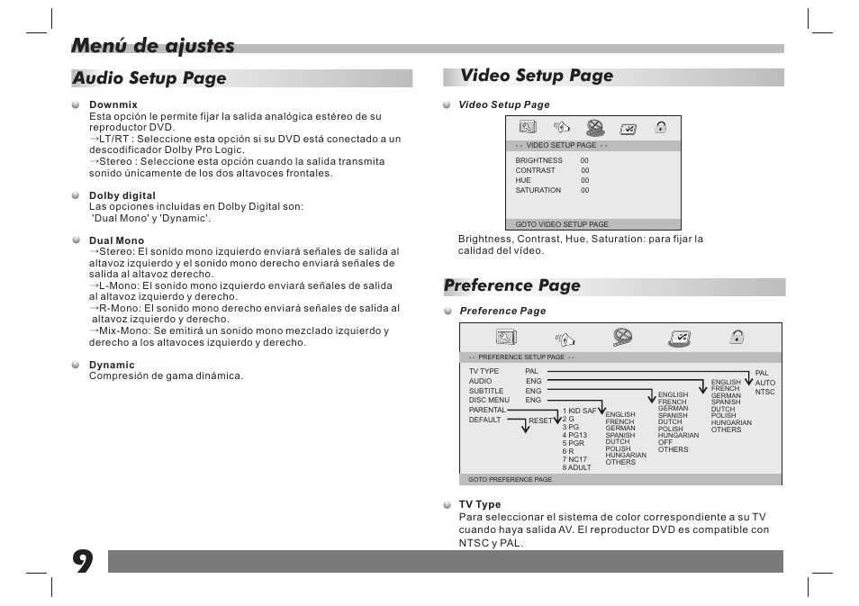 页 10, Menú de ajustes, Video setup page | Audio setup page, Preference page | Lenco DVP-938 X2 User Manual | Page 62 / 78