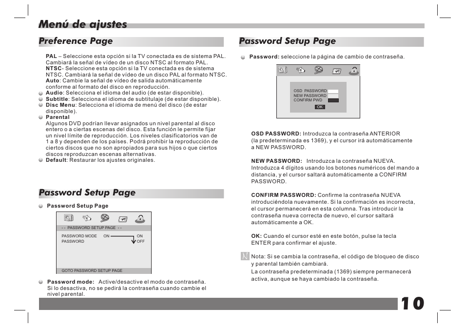 页 11, Menú de ajustes, Password setup page | Preference page password setup page | Lenco DVP-938 X2 User Manual | Page 63 / 78