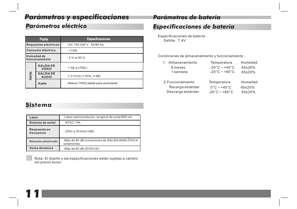 页 12, Parámetros y especificaciones, Parámetros eléctrico sistema | Parámetros de batería, Especificaciones de batería | Lenco DVP-938 X2 User Manual | Page 64 / 78