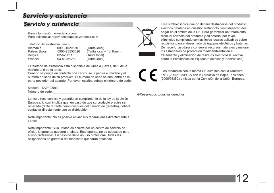 页 13, Servicio y asistencia | Lenco DVP-938 X2 User Manual | Page 65 / 78