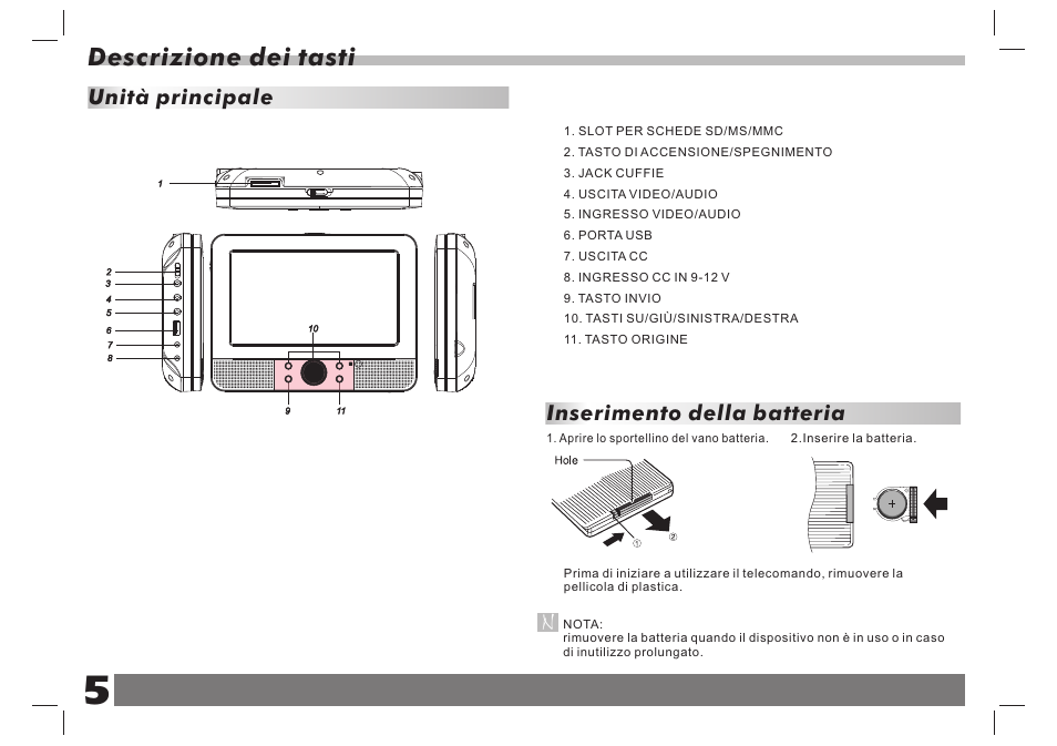 Descrizione dei tasti, Unità principale, Inserimento della batteria | Lenco DVP-938 X2 User Manual | Page 71 / 78