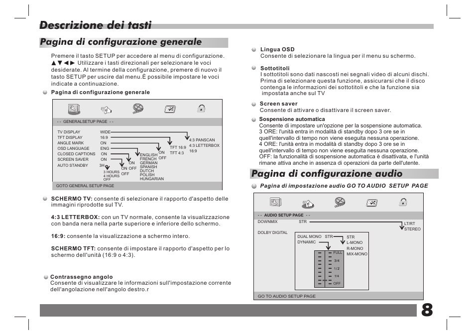 Descrizione dei tasti, Pagina di configurazione audio, Pagina di configurazione generale | Lenco DVP-938 X2 User Manual | Page 74 / 78