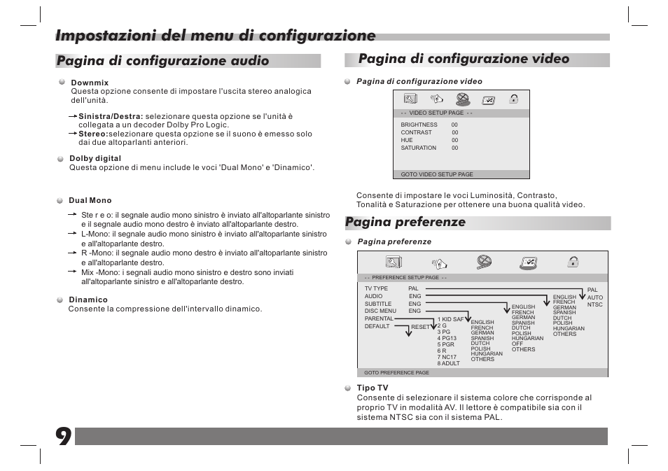 页 10, Impostazioni del menu di configurazione, Pagina di configurazione video | Pagina di configurazione audio, Pagina preferenze | Lenco DVP-938 X2 User Manual | Page 75 / 78