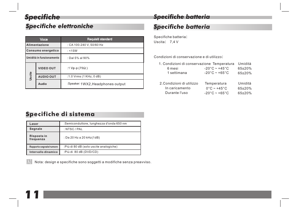 页 12, Specifiche, Specifiche elettroniche specifiche di sistema | Specifiche batteria | Lenco DVP-938 X2 User Manual | Page 77 / 78