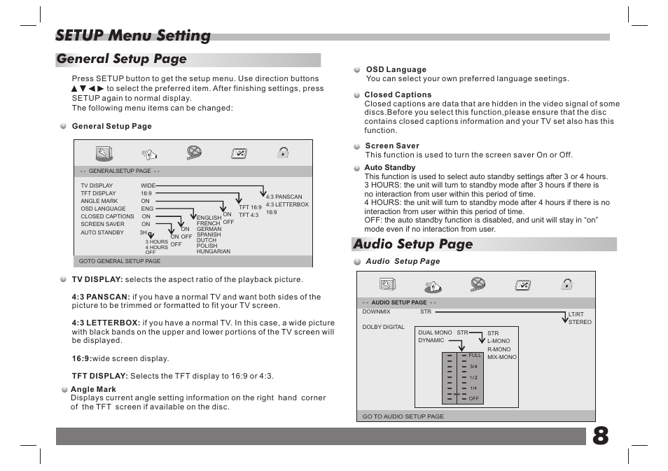 Setup menu setting, Audio setup page, General setup page | Lenco DVP-938 X2 User Manual | Page 9 / 78