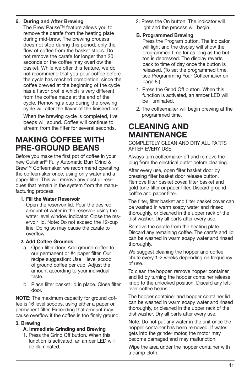 Making coffee with pre-ground beans, Cleaning and maintenance | Cuisinart DGB-700 User Manual | Page 11 / 14