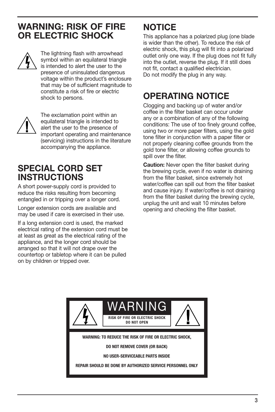 Warning, Warning: risk of fire or electric shock, Special cord set instructions | Notice, Operating notice | Cuisinart DGB-700 User Manual | Page 3 / 14